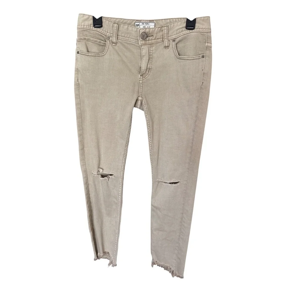 Free People Womens High Rise Busted Distressed Skinny Jeans Khaki‎ Tan size 27 - Picture 5 of 9